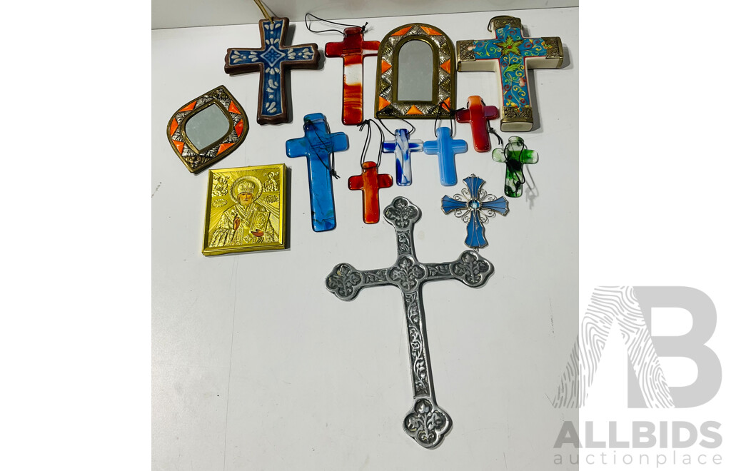 Collection Decorative Crucifixes Including Glass Examples by Divine Glass Design Bethungra, Pewter, Ceramic and More