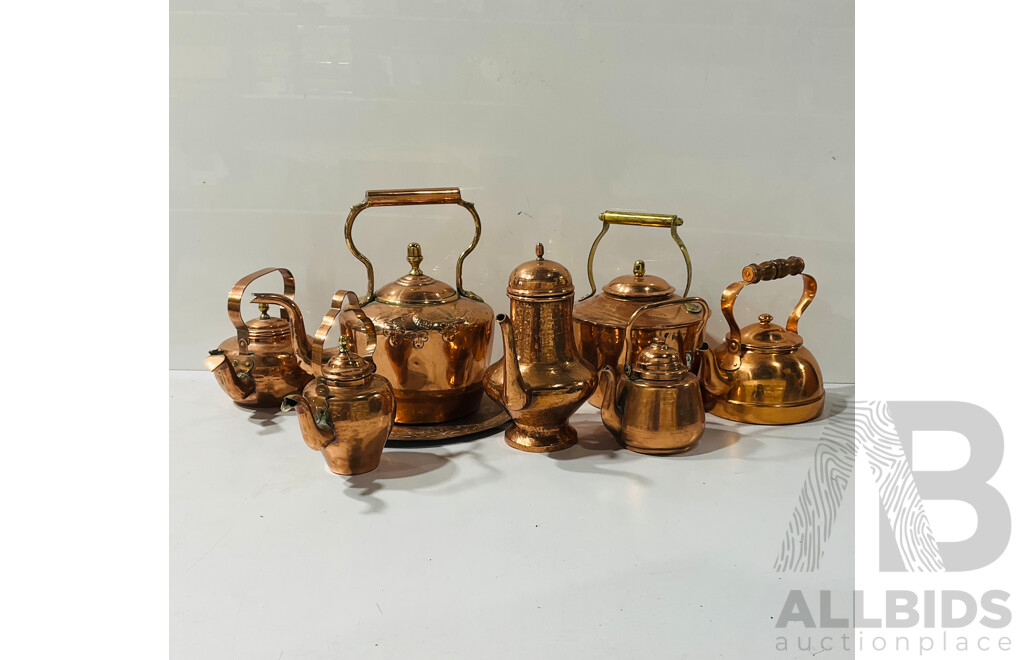 Collection Decorative Copper Pieces Including Kettles Including Example with Repoussed Thistle and Clover Design, Teapots, Platters and More