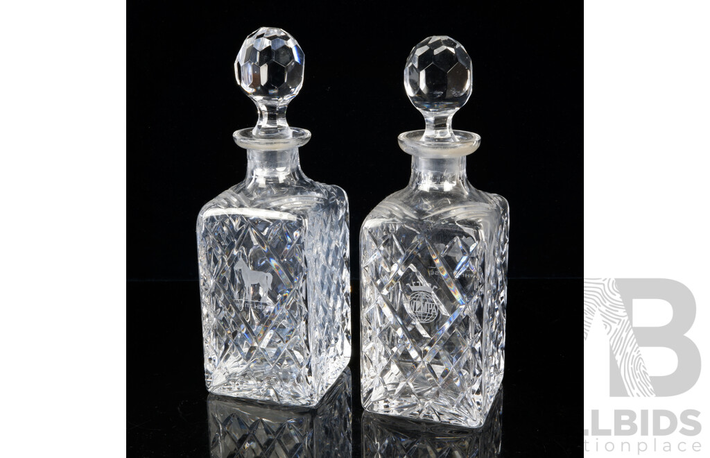 Pair Diamond Cut Crystal Decanters with Stoppers Engraved with WEMPA, White Horse