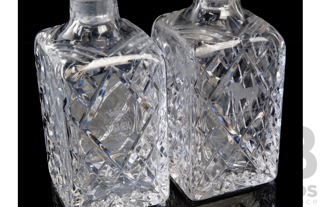 Pair Diamond Cut Crystal Decanters with Stoppers Engraved with WEMPA, White Horse