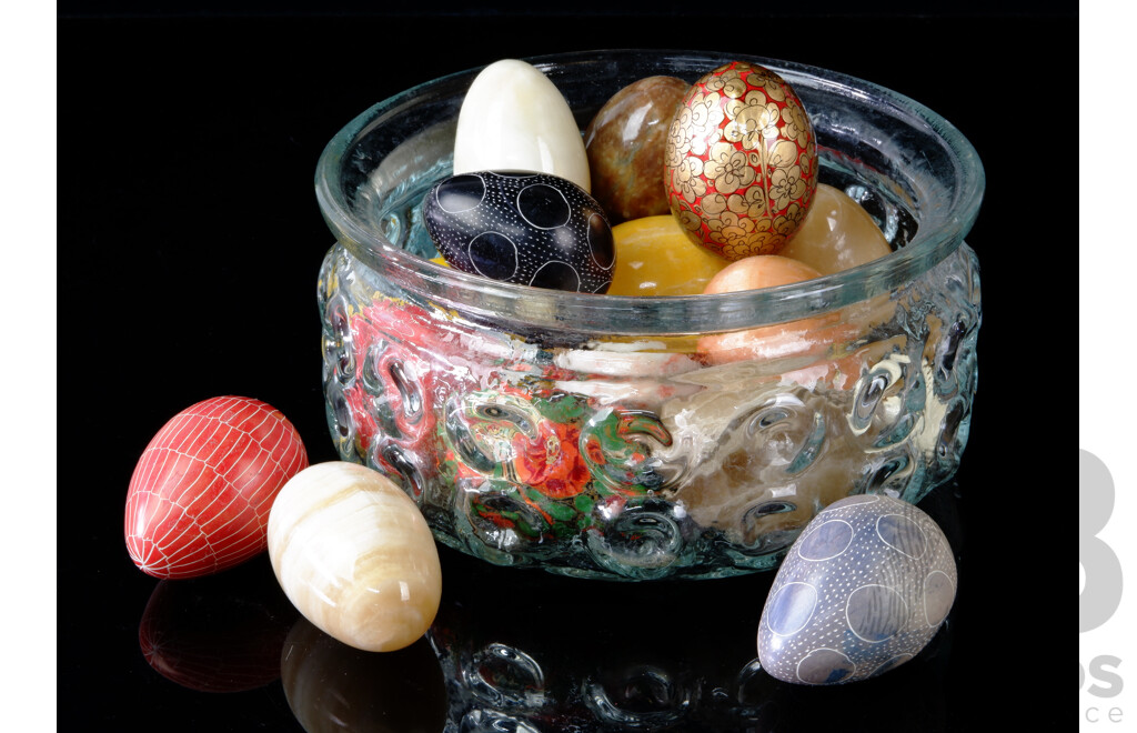 Collection Polished and Engraved Stone Eggs in Glass Serving Bowl