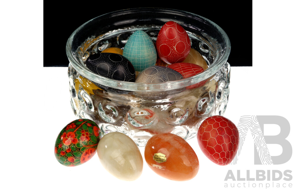 Collection Polished and Engraved Stone Eggs in Glass Serving Bowl