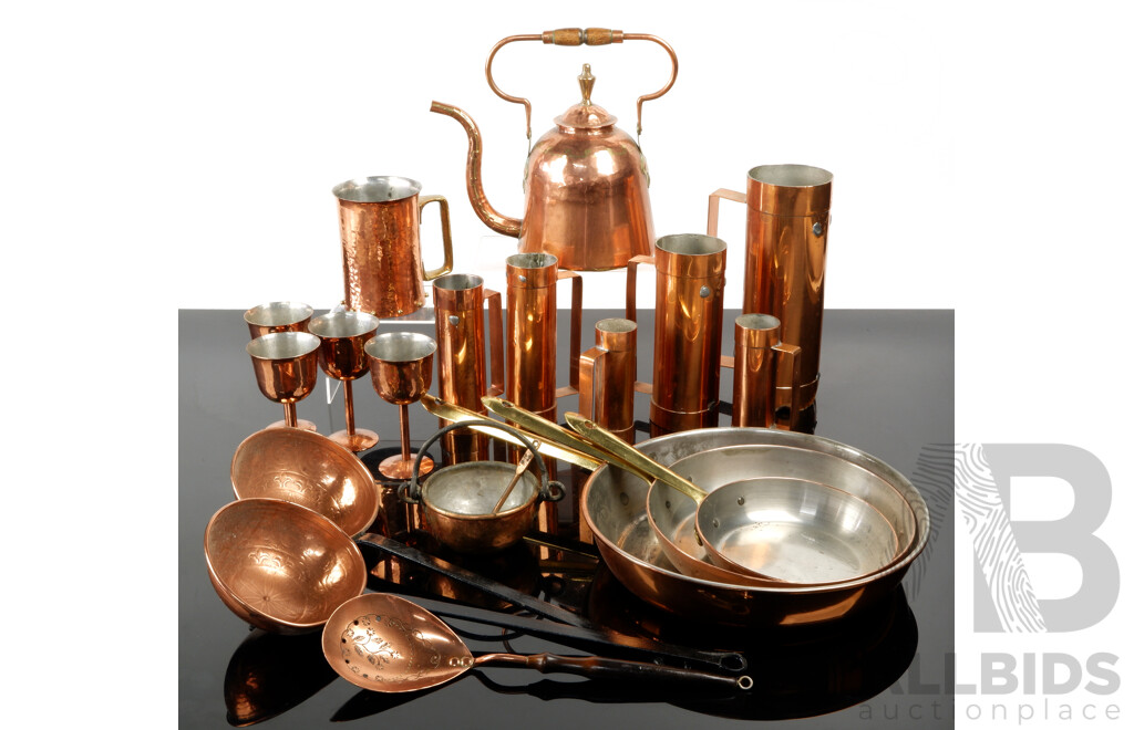 Collection Copper Pieces Including Australian Berczi Tankard, Goblets, Kettle with Other Items Portuguese