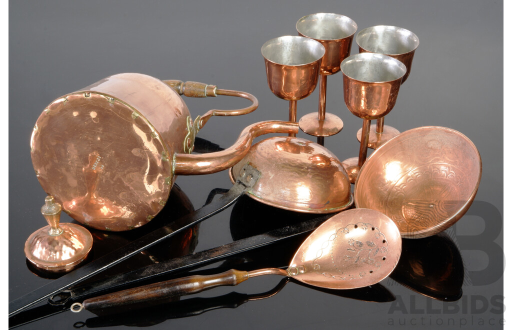 Collection Copper Pieces Including Australian Berczi Tankard, Goblets, Kettle with Other Items Portuguese