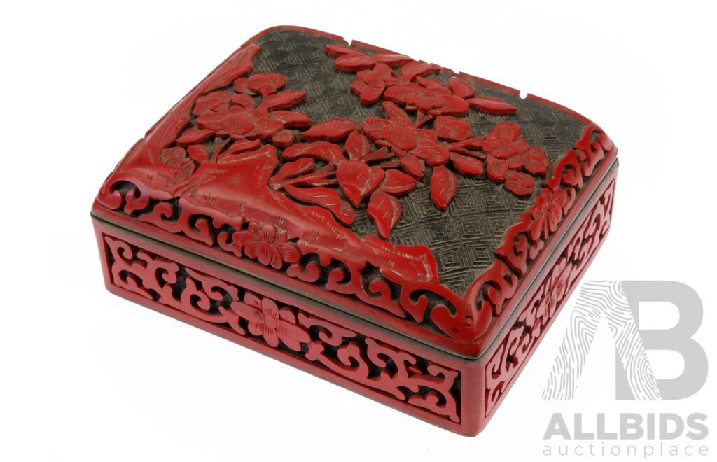 Chinese Carved Cinnabar Lidded Box with Floral Theme