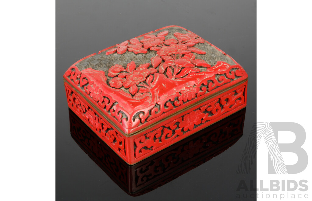 Chinese Carved Cinnabar Lidded Box with Floral Theme