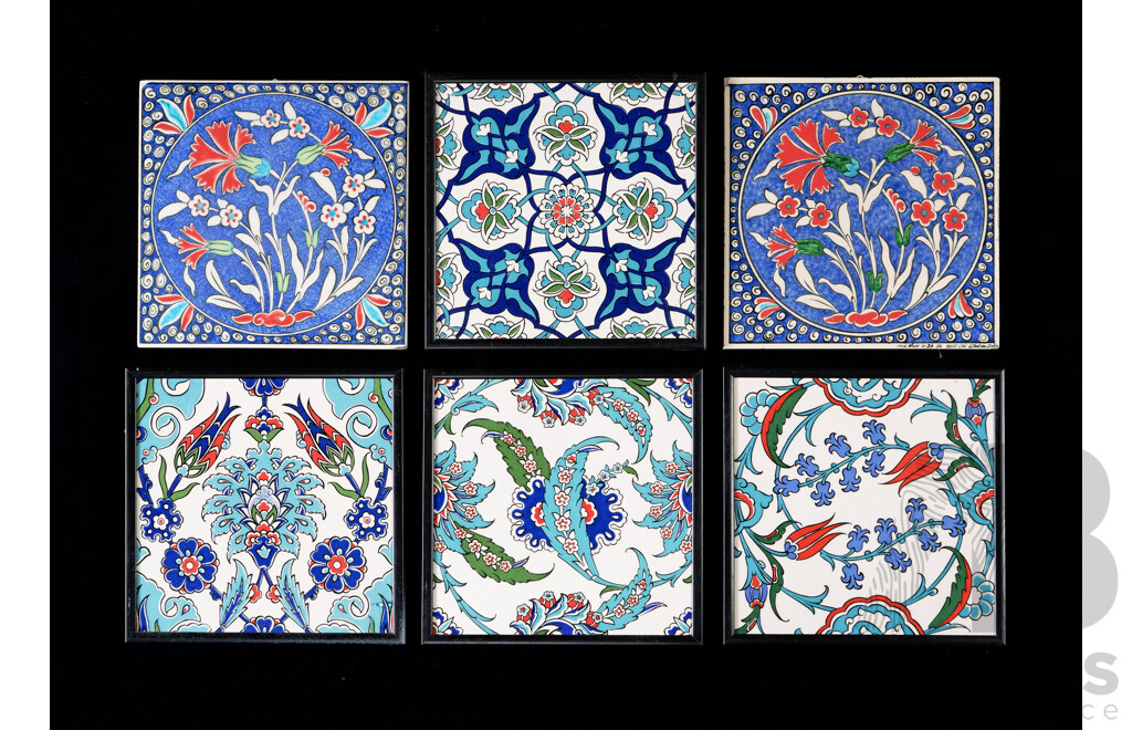 Collection Four Retro Decorated Framed Turkish Iznik Ceramic Tiles Along with Two Others