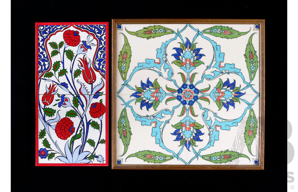 Framed Four Piece Turkish Iznik Ceramic Tile Set Along with Framed Set of Two