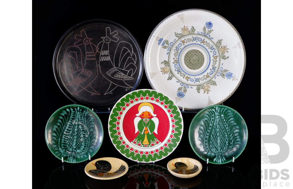 Collection Retro Decorated Ceramic Chargers Including Pair Germunder Austria Green Examples and More