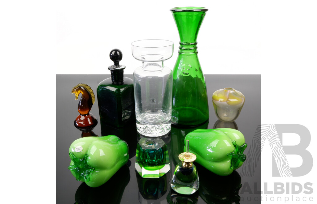 Collection Glass Including Australian Studio Glass Vase by John Elsegood, Empoli Style Green Carafe and More