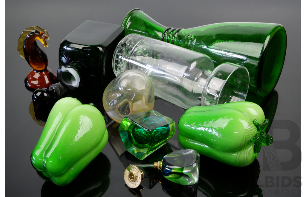 Collection Glass Including Australian Studio Glass Vase by John Elsegood, Empoli Style Green Carafe and More