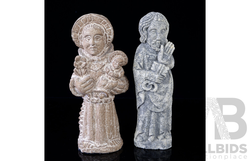 Two VIntage Carved Stone Religious Statues Including St Anthony, Blessed by Farther Terence at St Anthony's Church, Lisbon, and One Other