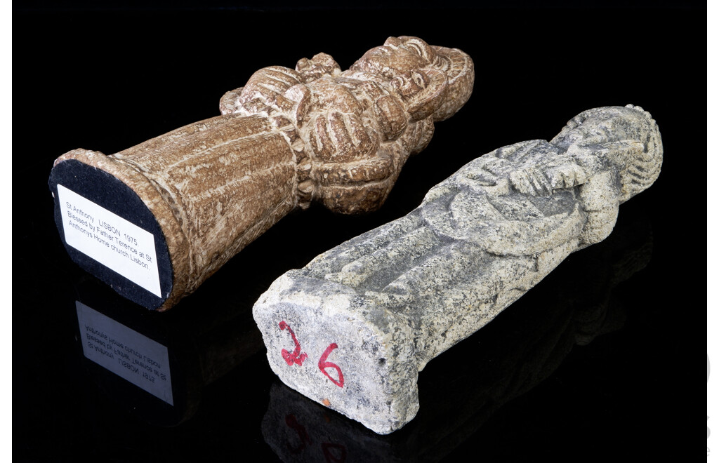 Two VIntage Carved Stone Religious Statues Including St Anthony, Blessed by Farther Terence at St Anthony's Church, Lisbon, and One Other