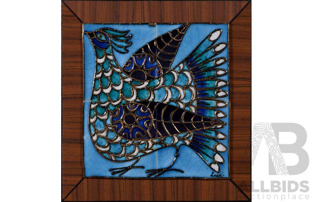 Luca, (Yugoslavia, 1970s), Wonderful Vintage Yugoslavian Peacock, Hand Glazed Tiles Mounted on Decorated Wooden Particle Board, 39.5 x 39.5 cm (in entirety)