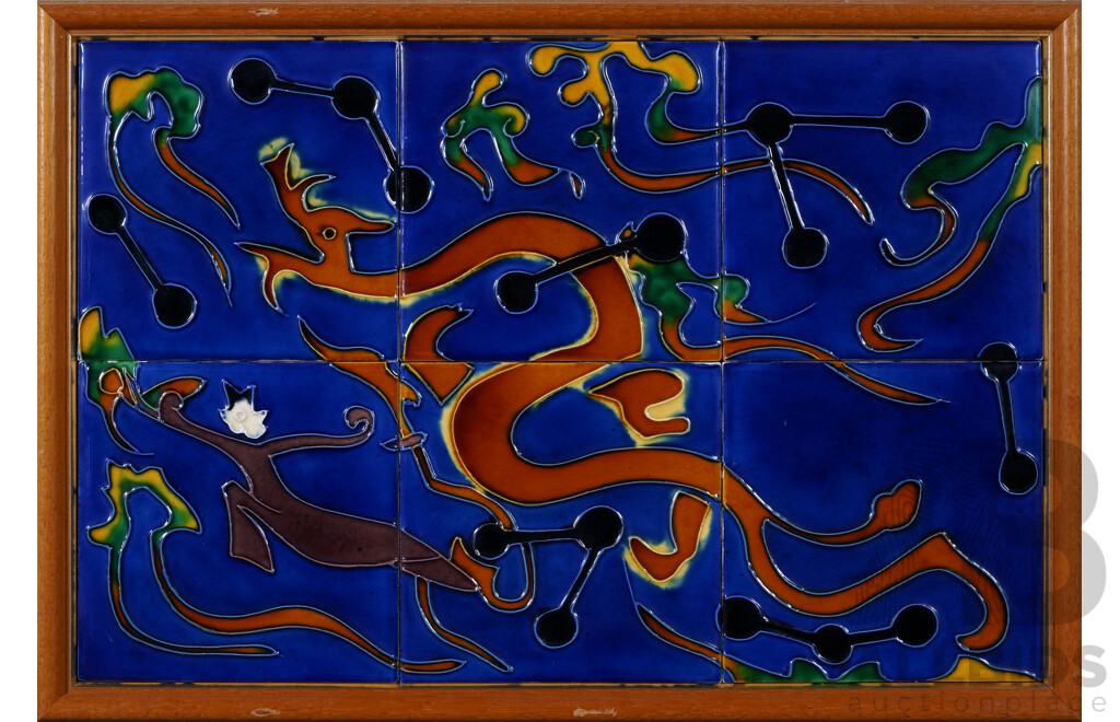 Artist Unknown (circa 1990s), Chinese Dragon, Framed Hand Glazed Coloured Tiles, 35 x 50 cm (frame)