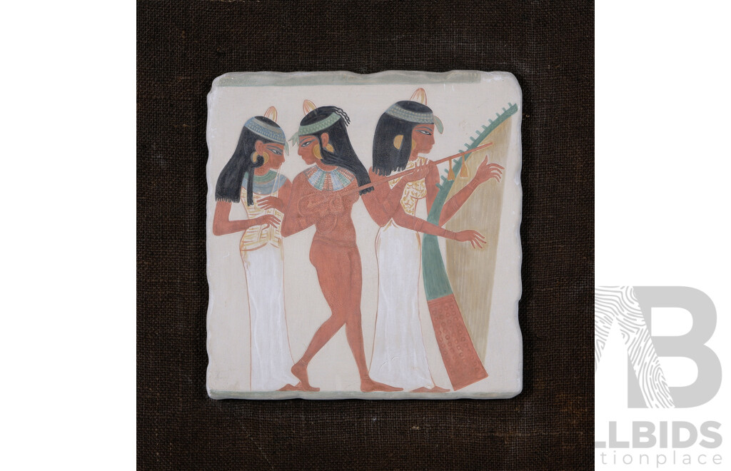 Egyptian School, (Date and Artist Unknown), 'Musicians of Amun', Detail of Tomb of Nakht at Thebes, 18th Dynasty (1422-1411 BCE), Vintage Hand Painted Plaster Replica Panel of Original, 30 x 29 cm (panel)