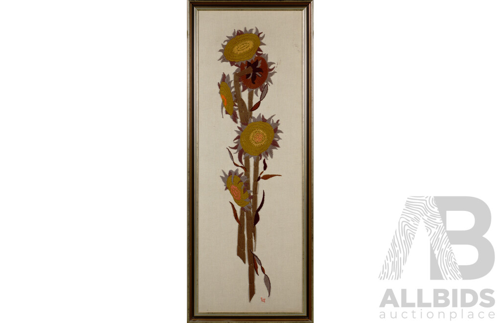 LT, (Exact Date Unknown), Sunflowers, Vintage Mid-Century Handmade Crewel Embroidery, 134.5 x 53.5 cm (frame)