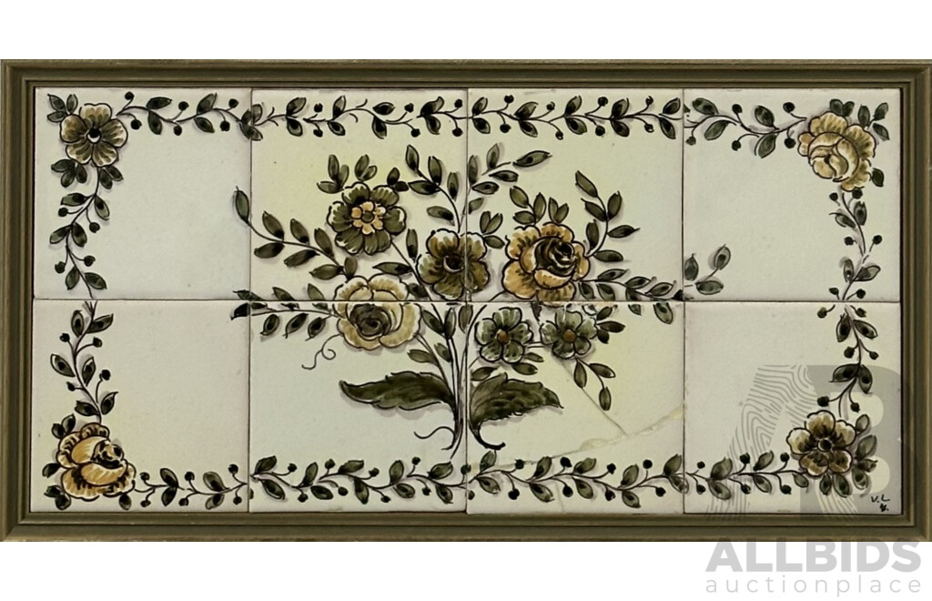 Viúva Lamego, (20th Century, Portugal), Panel of Eight Vintage Hand Painted Tiles Framed, 23.5 x 44 cm (frame)