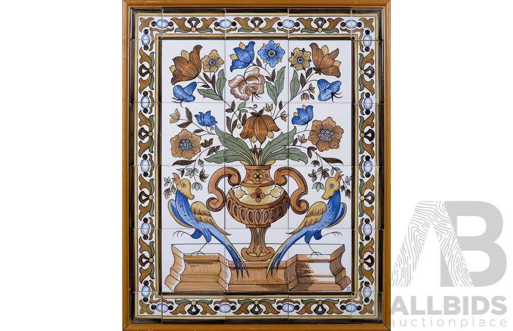 Viúva Lamego, (c1972), Birds with Flowers, Vintage Thirty Tile Portuguese Hand Painted Framed Image, 74 x 60 cm (frame)