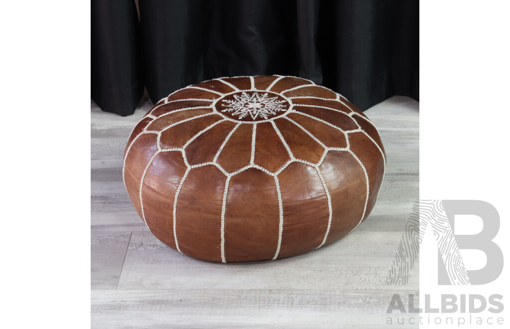 Embroidered Tan Leather Pouffe