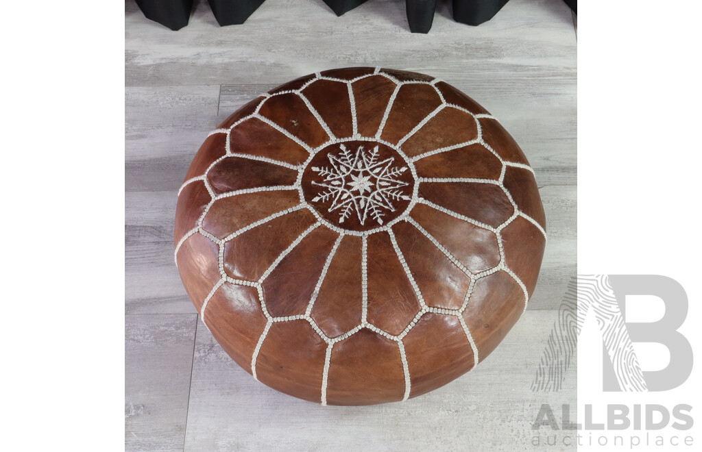 Embroidered Tan Leather Pouffe