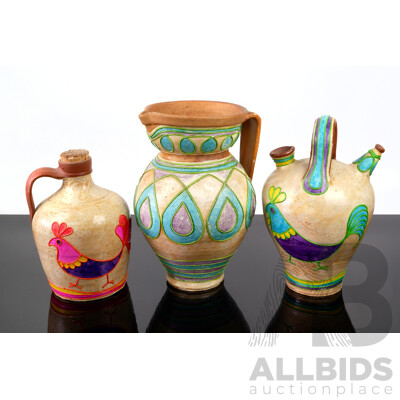 Collection Three Hand Painted Portuguese Pottery Items by Carmo Saude Comprising Large Jug & Two Different Pitchers