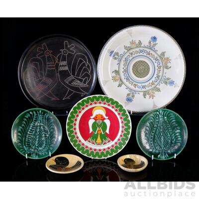 Collection Retro Decorated Ceramic Chargers Including Pair Germunder Austria Green Examples and More