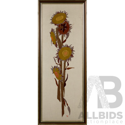 LT, (Exact Date Unknown), Sunflowers, Vintage Mid-Century Handmade Crewel Embroidery, 134.5 x 53.5 cm (frame)