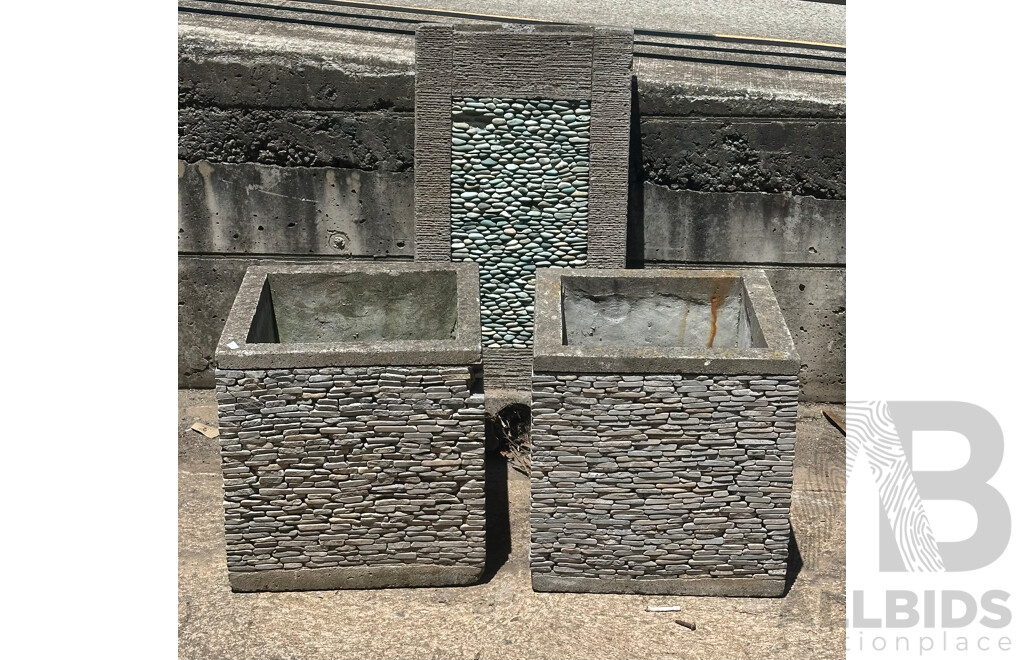 Pair of Outdoor Pebble Stone Planters and Waterfall