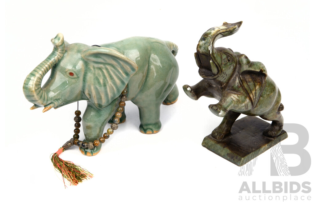 Chinese Carved Green Soft Stone Elephant Figure Along with Celadon Glazed Ceramic Elephant Figure