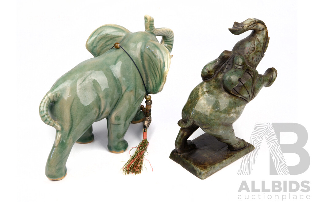 Chinese Carved Green Soft Stone Elephant Figure Along with Celadon Glazed Ceramic Elephant Figure