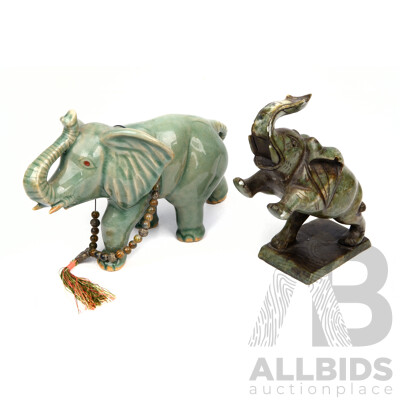 Chinese Carved Green Soft Stone Elephant Figure Along with Celadon Glazed Ceramic Elephant Figure