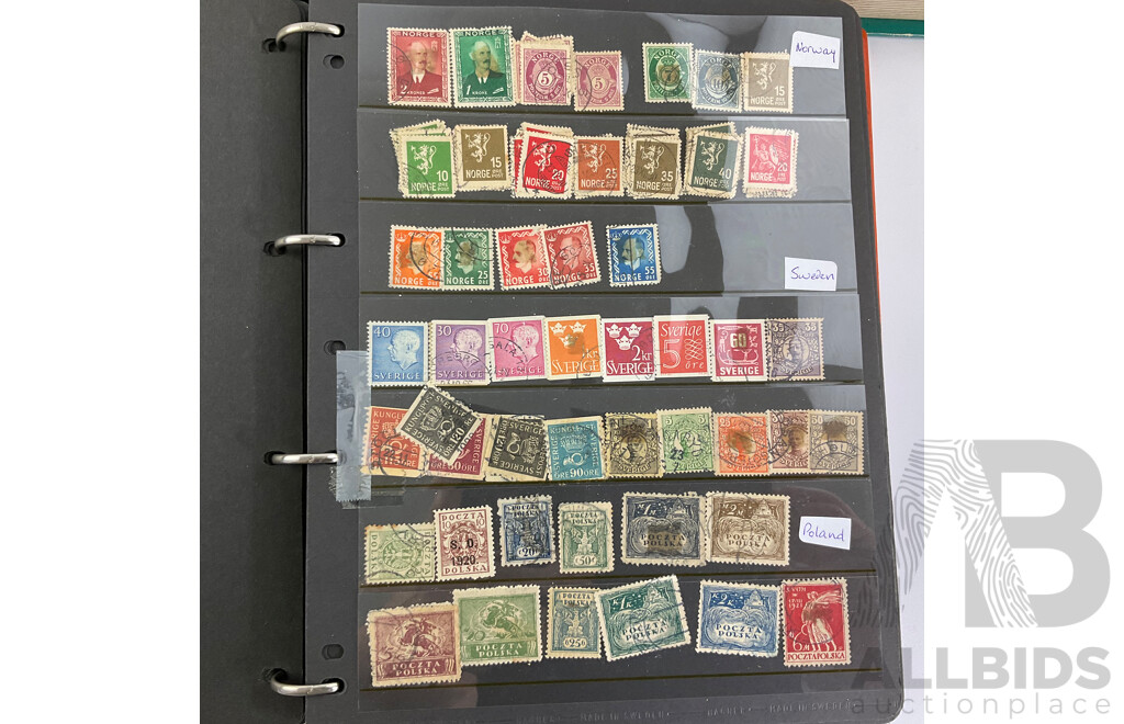 Three Albums of Antique and Vintage International Stamps Including Poland, Norway, UK, France, Germany, USA, Spain, Greece, China, Cuba, Egypt and More with Over Prints and Official, First Day Covers