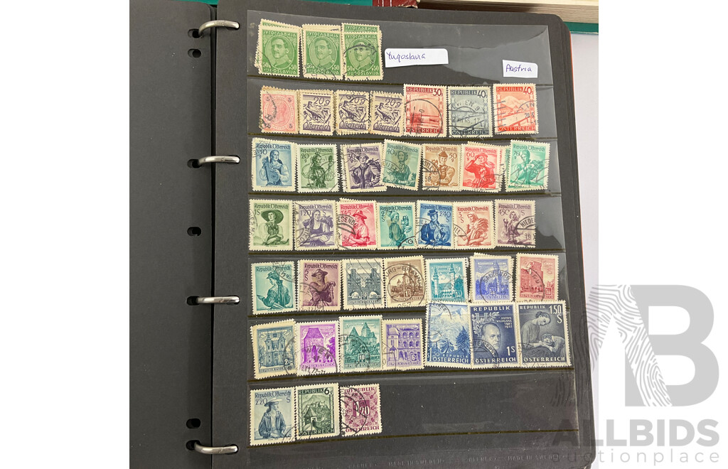 Three Albums of Antique and Vintage International Stamps Including Poland, Norway, UK, France, Germany, USA, Spain, Greece, China, Cuba, Egypt and More with Over Prints and Official, First Day Covers