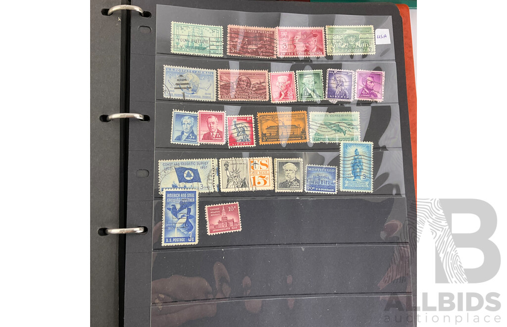 Three Albums of Antique and Vintage International Stamps Including Poland, Norway, UK, France, Germany, USA, Spain, Greece, China, Cuba, Egypt and More with Over Prints and Official, First Day Covers