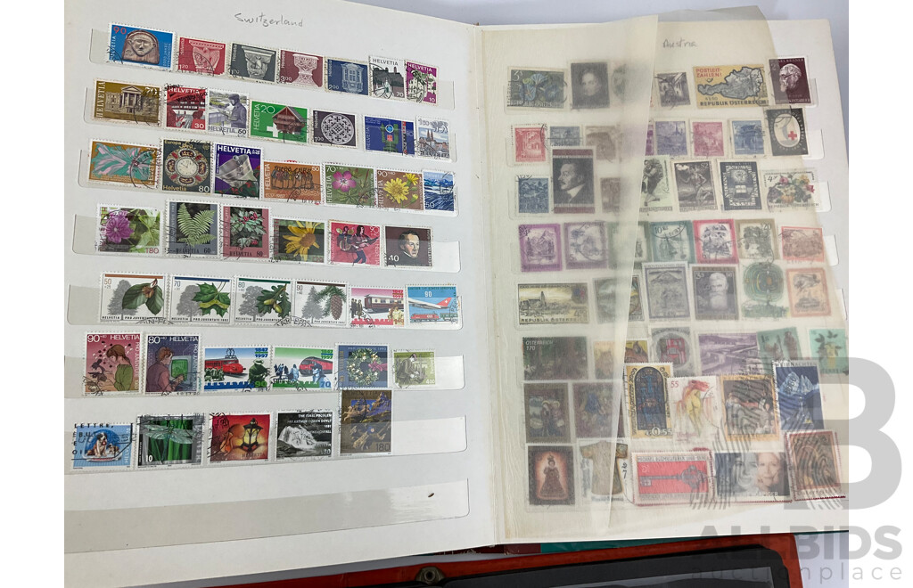 Three Albums of Antique and Vintage International Stamps Including Poland, Norway, UK, France, Germany, USA, Spain, Greece, China, Cuba, Egypt and More with Over Prints and Official, First Day Covers