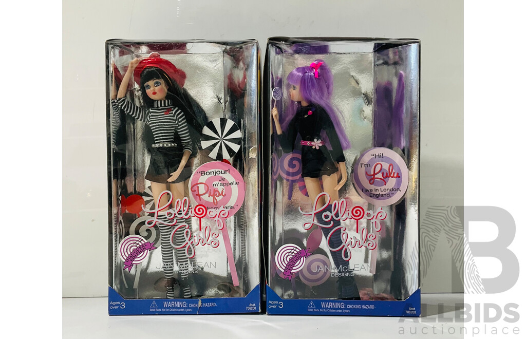 Two Retro Inaugural Edition 2002 Lollipop Girls Dolls by Jan McLean Designs Comprising Lulu From London & Pipi From Paris