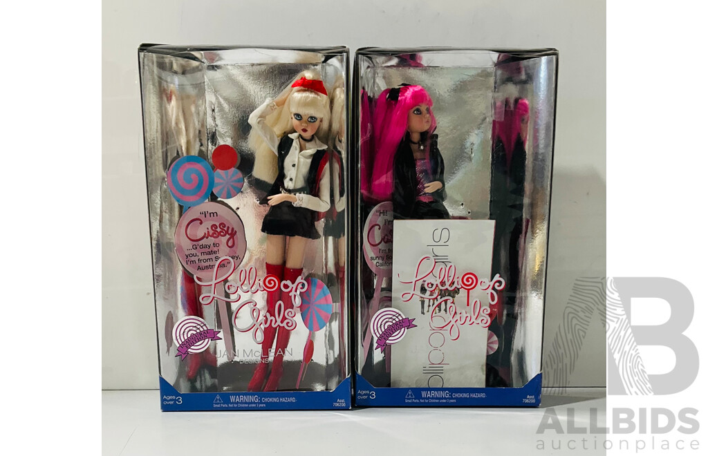 Two Retro Inaugural Edition 2002 Lollipop Girls Dolls by Jan McLean Designs Comprising Cissy From Sydney & Cassie From Southern California