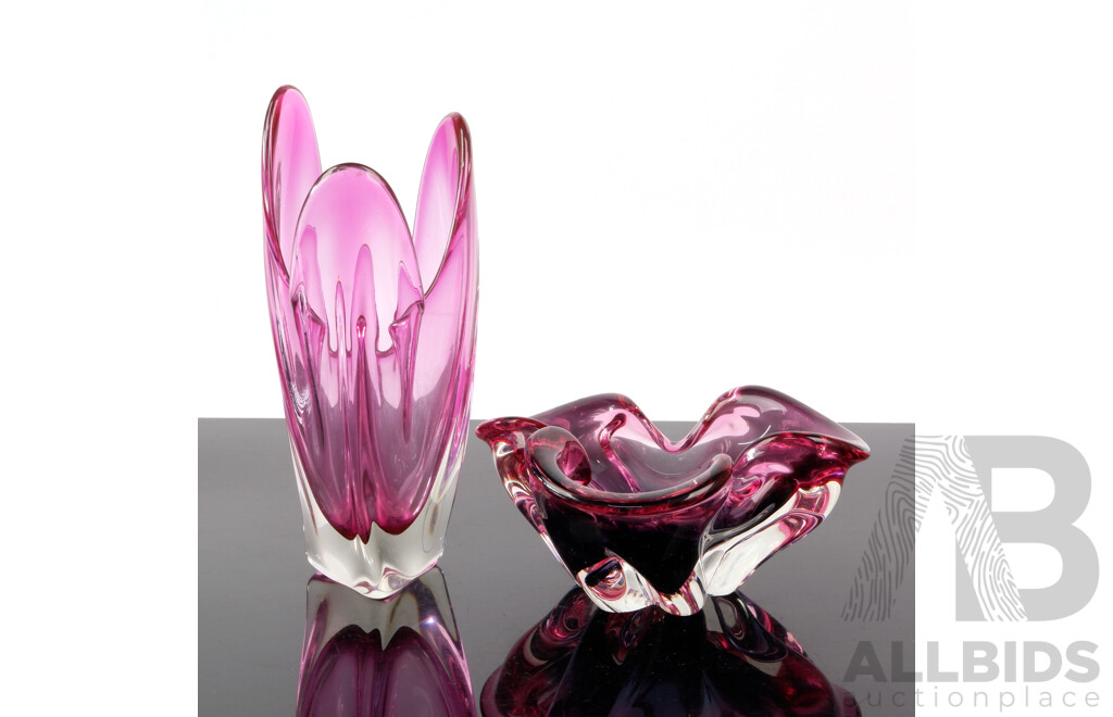 Two Pieces Retro Murano Style Splash Form Pink Art Glass