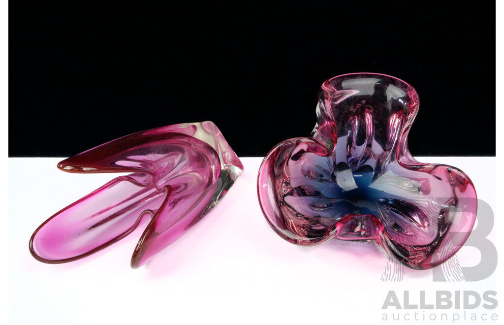 Two Pieces Retro Murano Style Splash Form Pink Art Glass