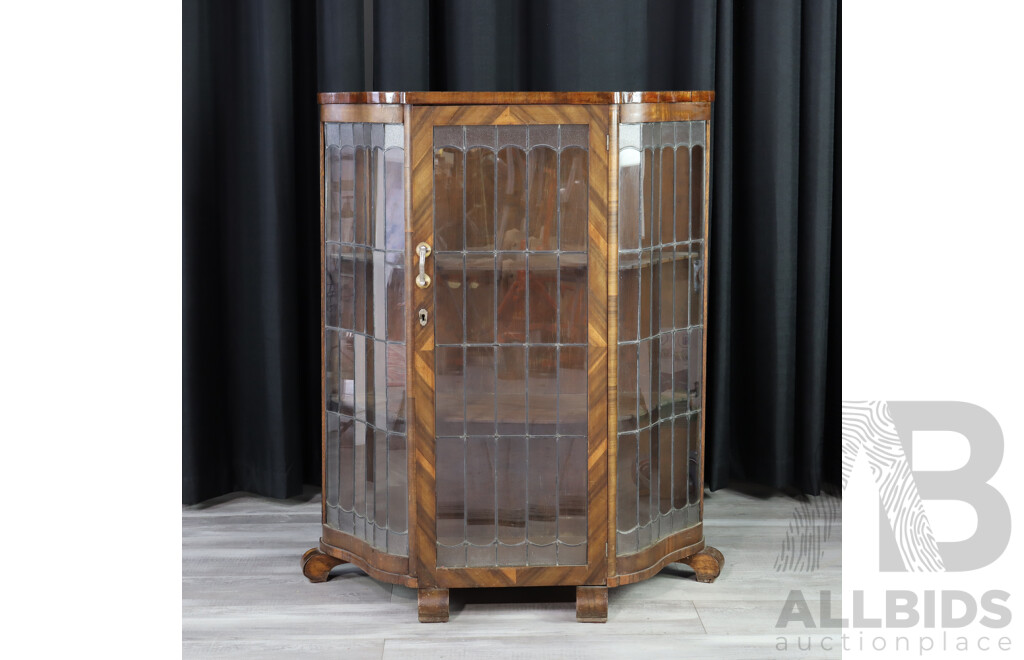 Art Deco Display Cabinet with Lead Light Doors and Shaped Front