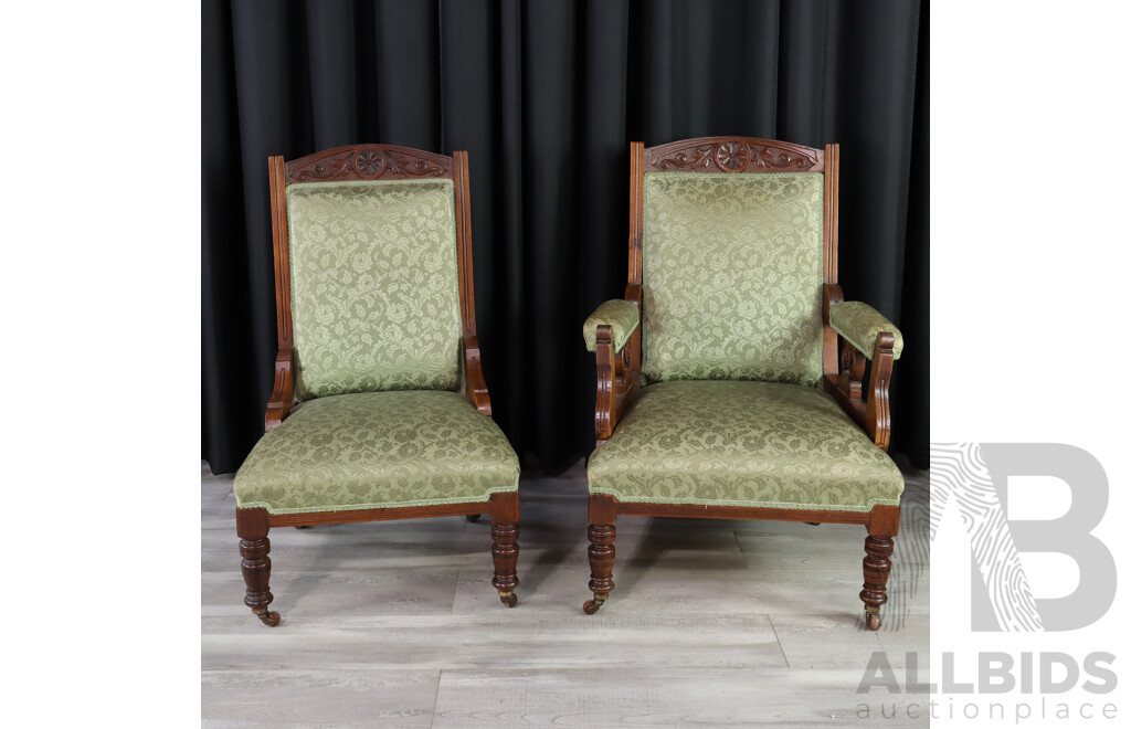 Pair of Edwardian Upholstered Grandmother/Grandfather Chairs