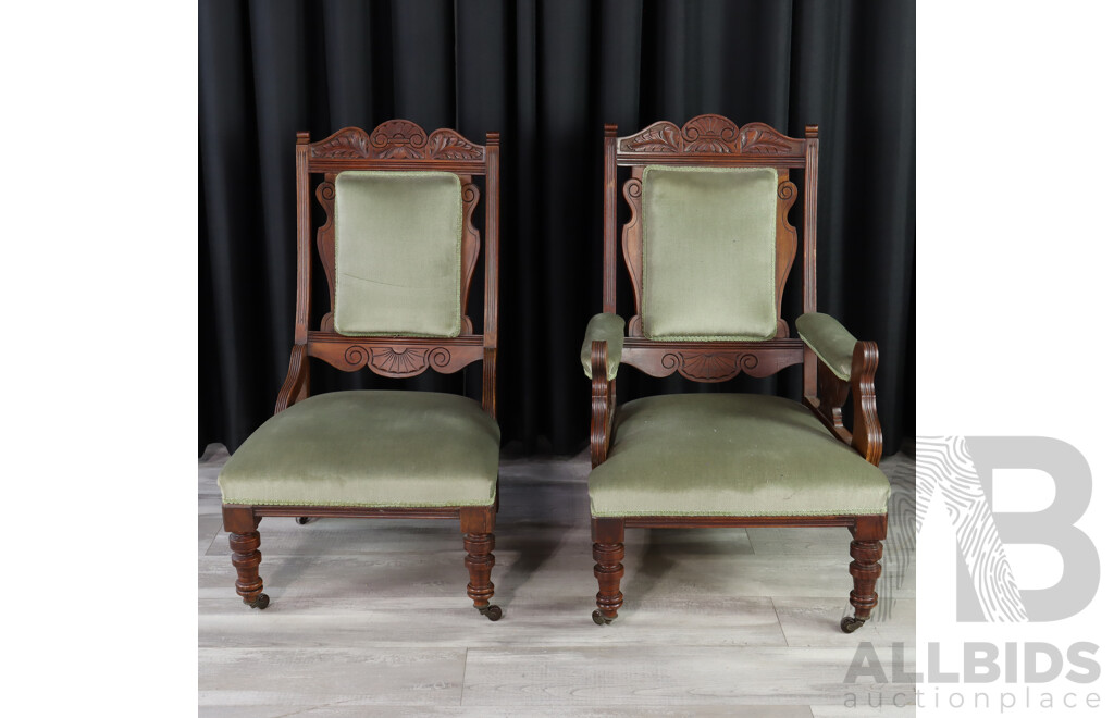 Pair of Edwardian Upholstered Grandmother/Grandfather Chairs