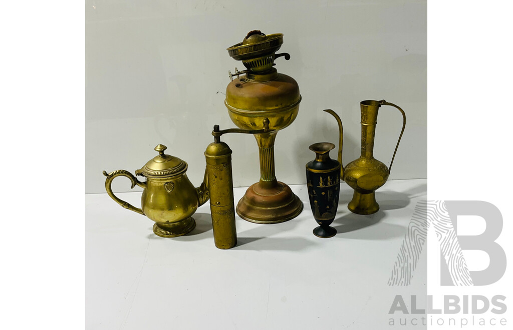 Collection of Vintage Brass Souvenir Ware Including Teapot, Oil Candle, Small Vase and More