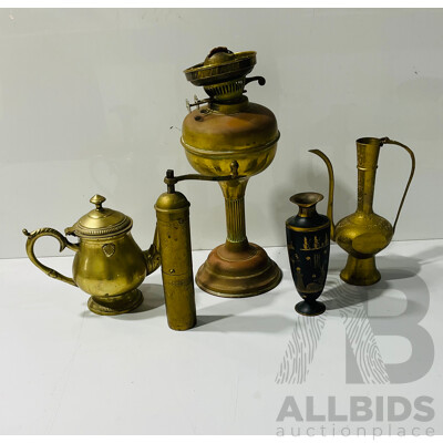 Collection of Vintage Brass Souvenir Ware Including Teapot, Oil Candle, Small Vase and More