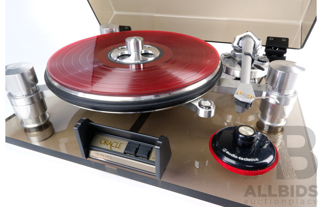 Rare Oracle Audio Corporation Delphi MK III Audiophile Turntable with Free Floating Suspension with SME Series IV Magnesium Tone Arm, Ortofon Moving Coil Cartridge MC 3000, All with Original Instruction Manuals