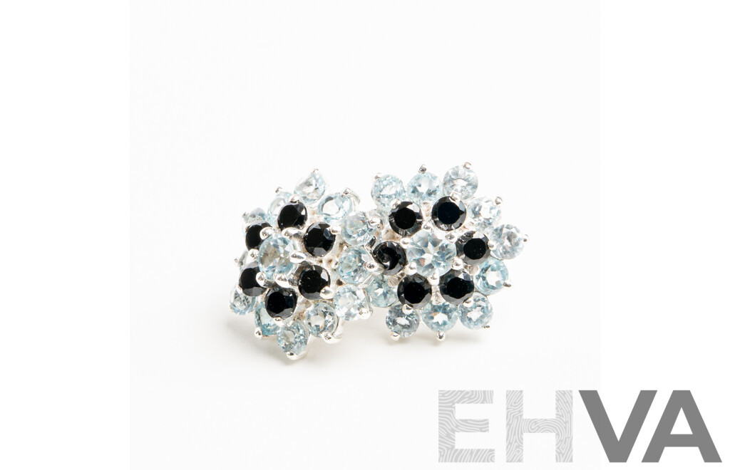 NEW - Sterling Silver Topaz & Onyx Cluster Stud Earrings, 16.5mm, 5.43 Grams
