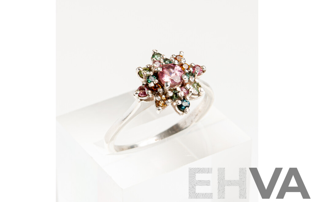 NEW - Sterling Silver Tourmaline Cluster Ring, Size O1/2, 2.44 Grams