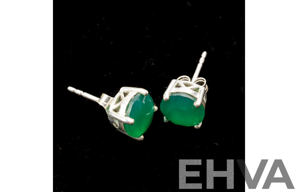 NEW - Sterling Silver Green Onyx Stud Earrings, 8.3mm, 2.20 Grams