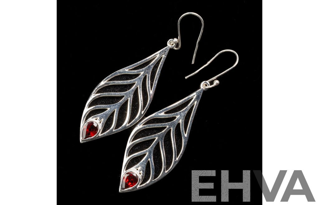 NEW - Sterling Silver Leaf Shaped Drop Earrings on Shepherds Hook with Garnets, 60mm, 8.50 Grams
